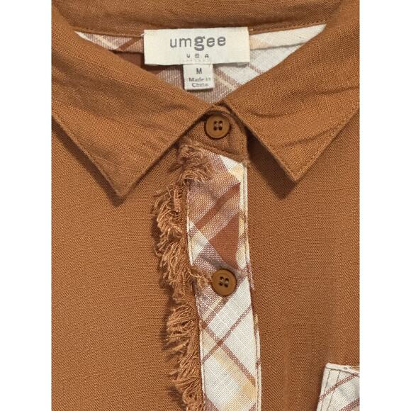 Umgee camel plaid linen top with unfinished frayed hem, front & back size medium - Picture 2 of 11